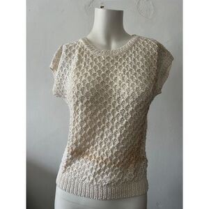 Vtg 80s Short Sleeve Knit Sweater Top S Cream Romantic Soft Girl Prairie Cottage
